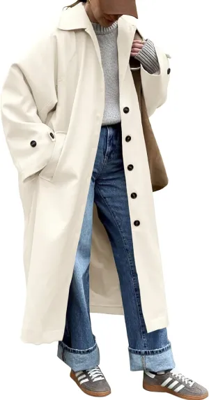 Tankaneo Womens Long Trench Coat Single Breasted Oversized Windproof Classic Lapel Fall Overcoat