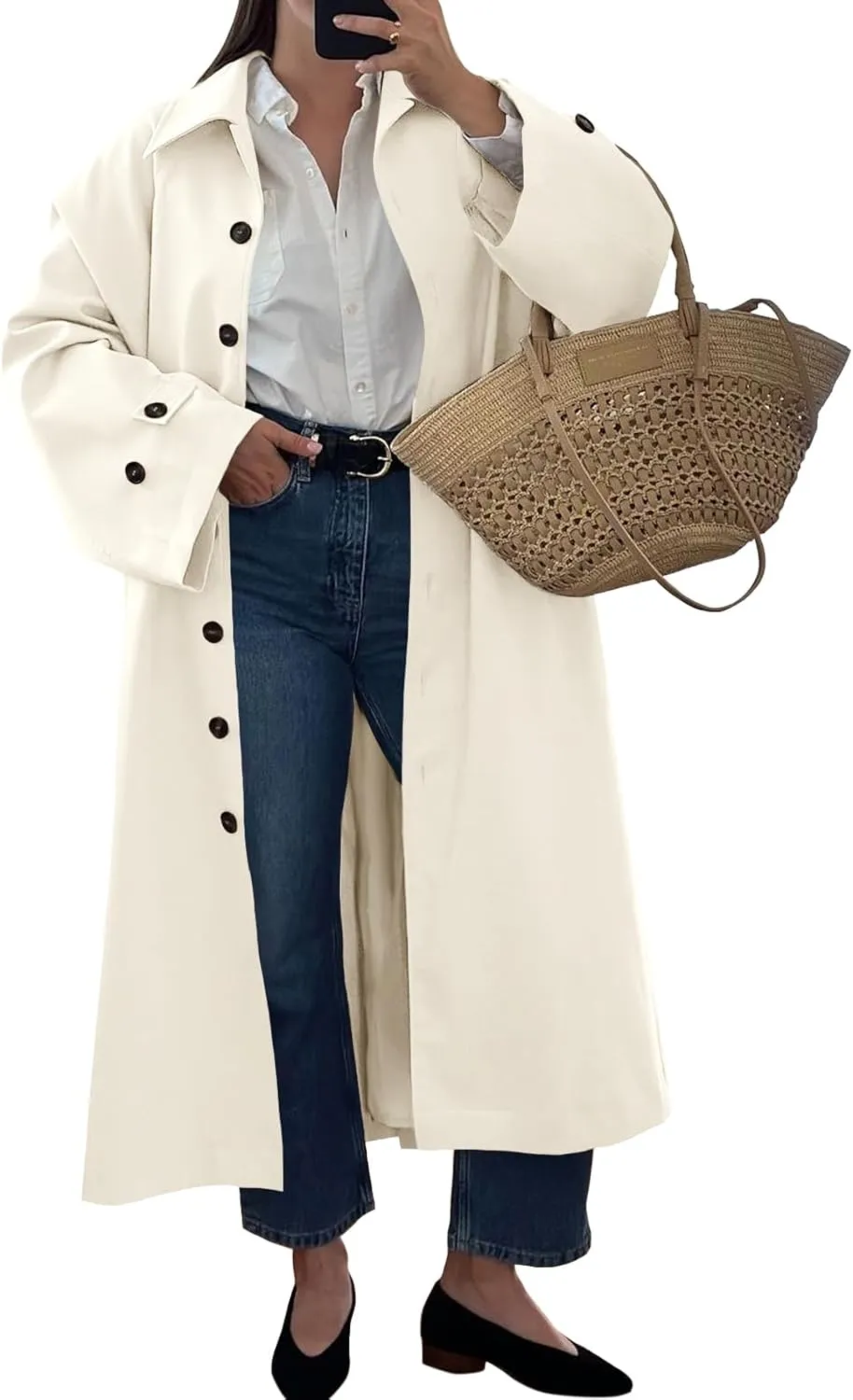 Tankaneo Womens Long Trench Coat Single Breasted Oversized Windproof Classic Lapel Fall Overcoat
