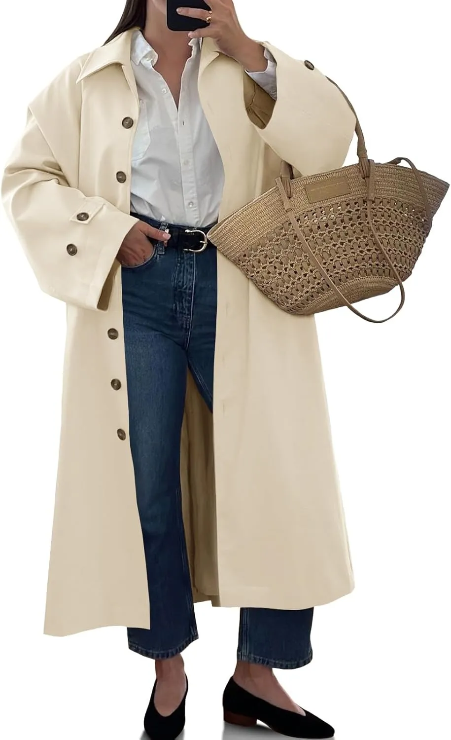 Tankaneo Womens Long Trench Coat Single Breasted Oversized Windproof Classic Lapel Fall Overcoat