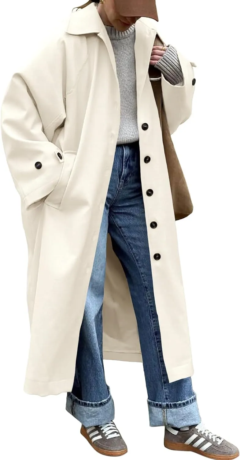 Tankaneo Womens Long Trench Coat Single Breasted Oversized Windproof Classic Lapel Fall Overcoat