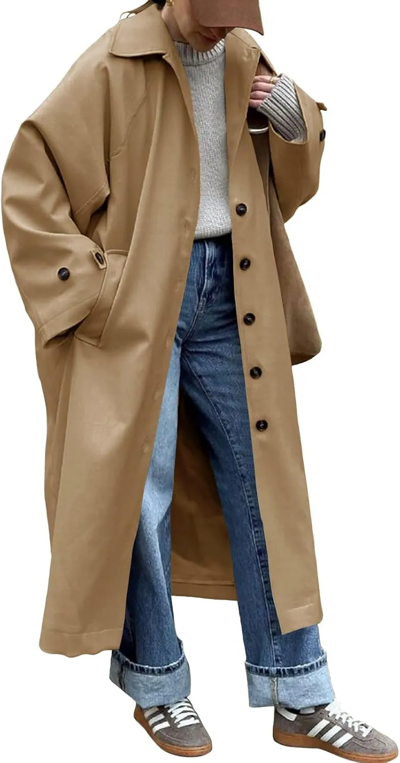 Tankaneo Womens Long Trench Coat Single Breasted Oversized Windproof Classic Lapel Fall Overcoat