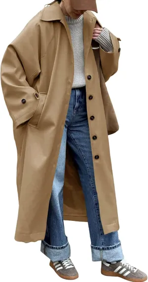 Tankaneo Womens Long Trench Coat Single Breasted Oversized Windproof Classic Lapel Fall Overcoat
