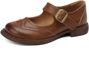 TinaCus Handmade Women's Genuine Leather Cute Sculptured Round Toe Buckle Mary Janes Flats Shoes