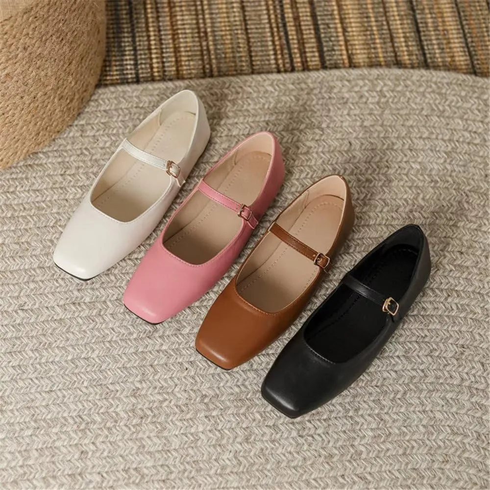 TN TANGNEST Women's Leather Flats Comfortable Square Toe Dress Flats Retro Soft Mary Jane Flats