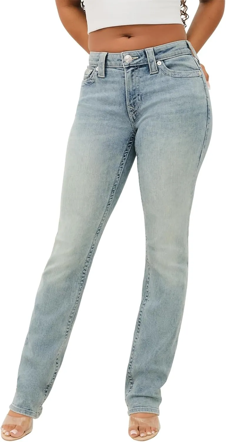 True Religion Women's Billie Mid Rise Straight Stretch Single Needle Stitching Jeans Pant
