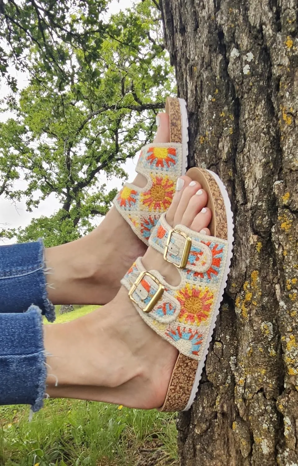 TruFox Women's Crochet Double Strap Flat Sandals Comfortable with Cork Molded Footbed