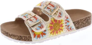 TruFox Women's Crochet Double Strap Flat Sandals Comfortable with Cork Molded Footbed