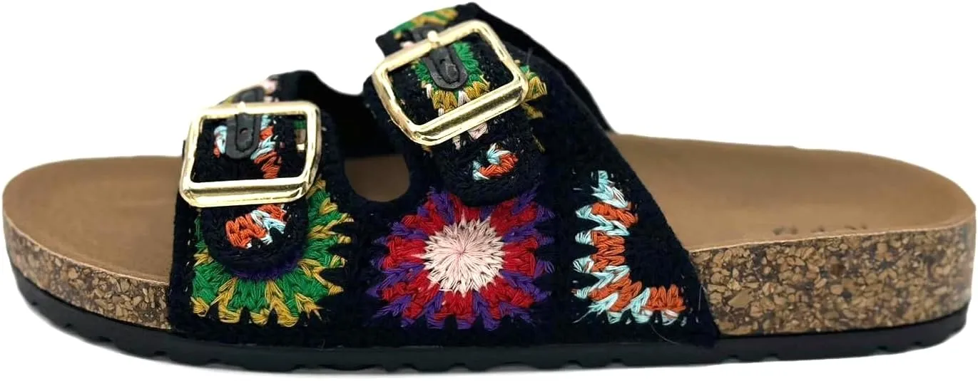 TruFox Women's Crochet Double Strap Flat Sandals with Granny Squares Cork Molded Footbed