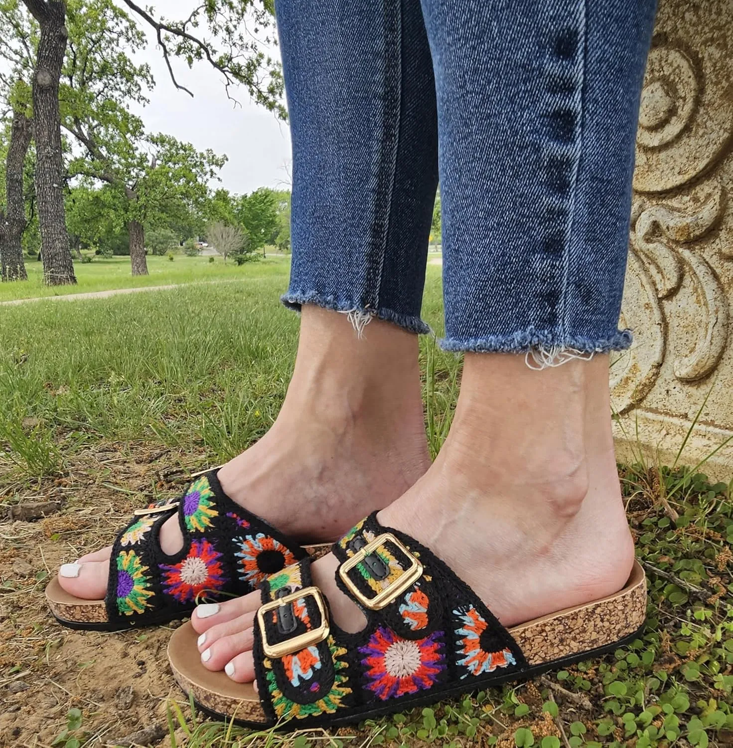 TruFox Women's Crochet Double Strap Flat Sandals with Granny Squares Cork Molded Footbed