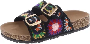 TruFox Women's Crochet Double Strap Flat Sandals with Granny Squares Cork Molded Footbed