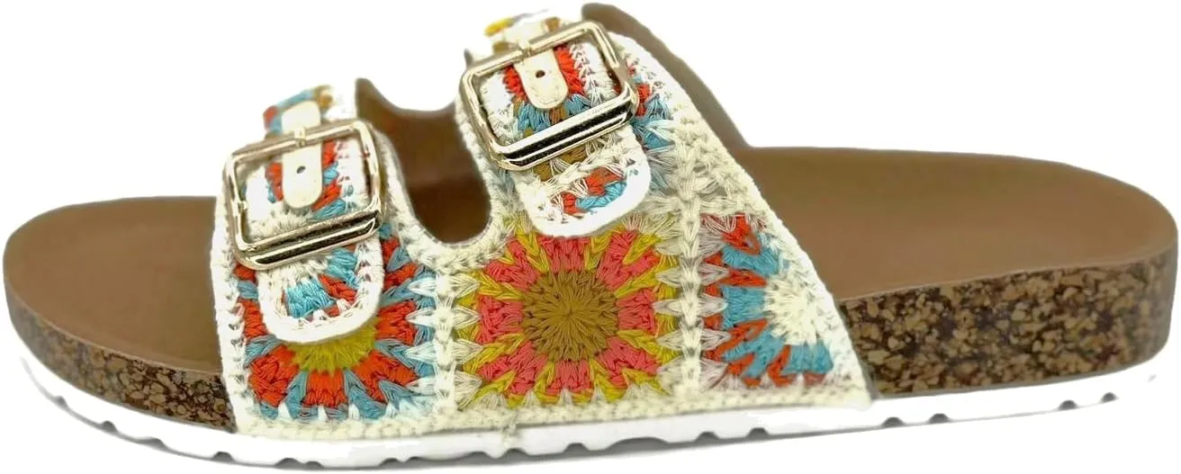 TruFox Women's Crochet Double Strap Flat Sandals with Granny Squares Cork Molded Footbed