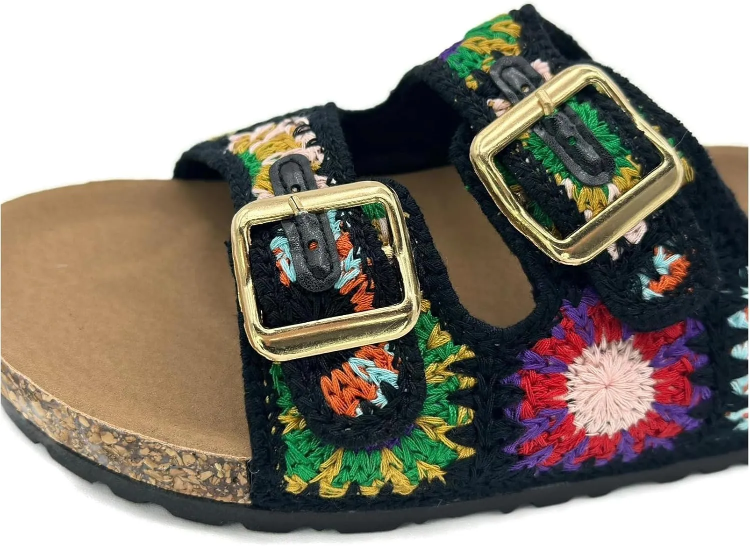 TruFox Women's Crochet Double Strap Flat Sandals with Granny Squares Cork Molded Footbed