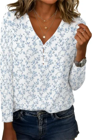 Tunic Tops for Women Linen Blend Button Boho Floral Printed V-Neck Vintage Long Sleeve T Shirts Summer Vacation Blouse