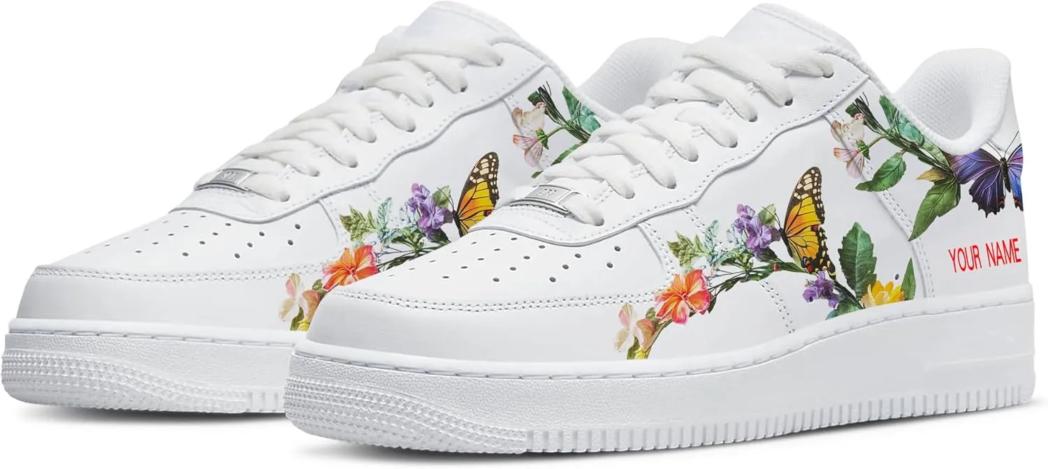 Unique Name Design Low-Top Sneakers - Personalized Customized Name Colorful Butterfly White Fashion Sneakers Casual Everyday Shoes for Women Men