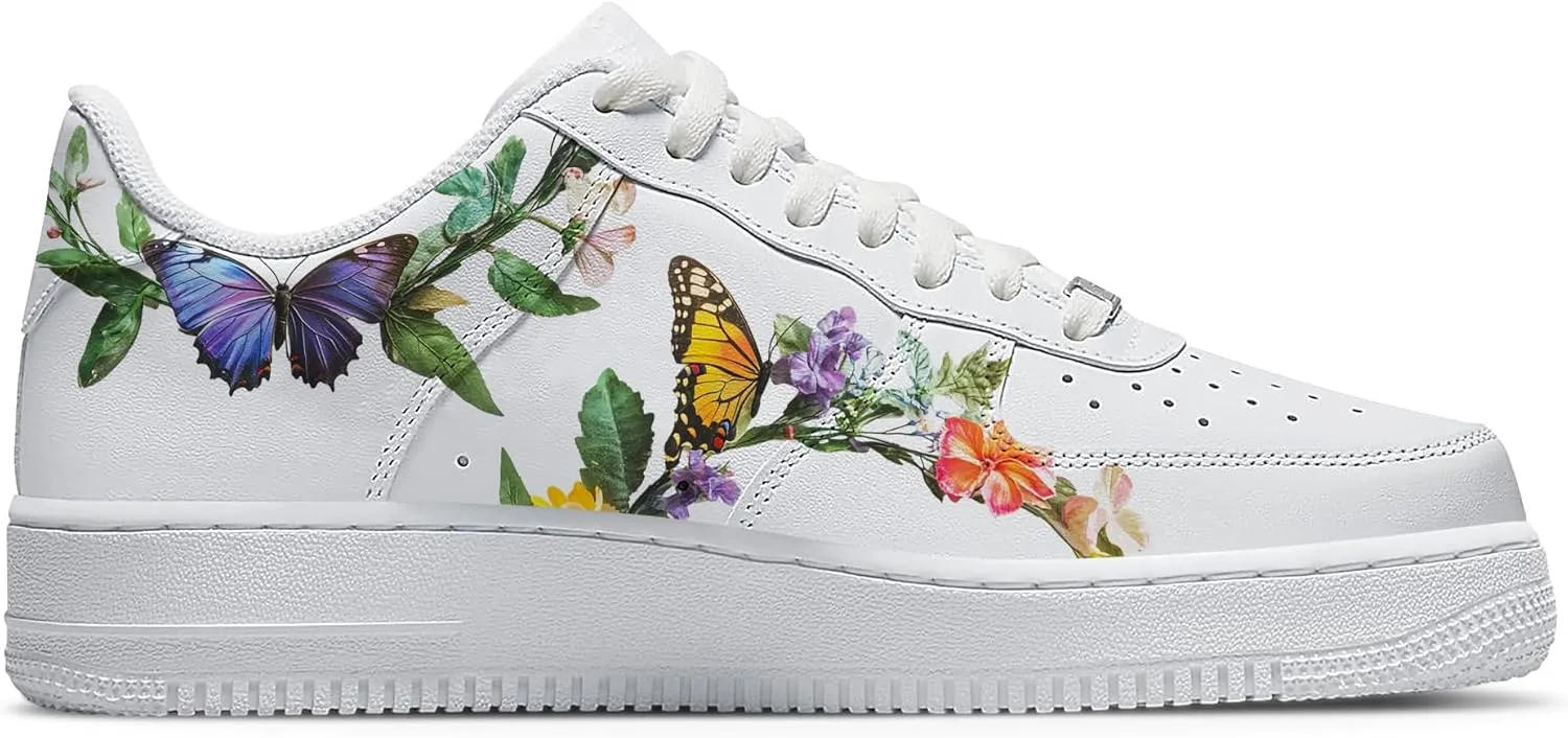 Unique Name Design Low-Top Sneakers - Personalized Customized Name Colorful Butterfly White Fashion Sneakers Casual Everyday Shoes for Women Men
