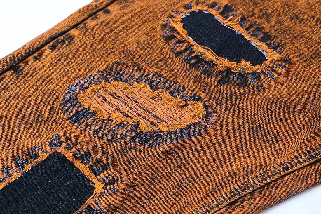 utcoco Men's Slim Fit Mid Waist Straight Leg Ripped Distressed Holes Classic Denim Patches Jeans