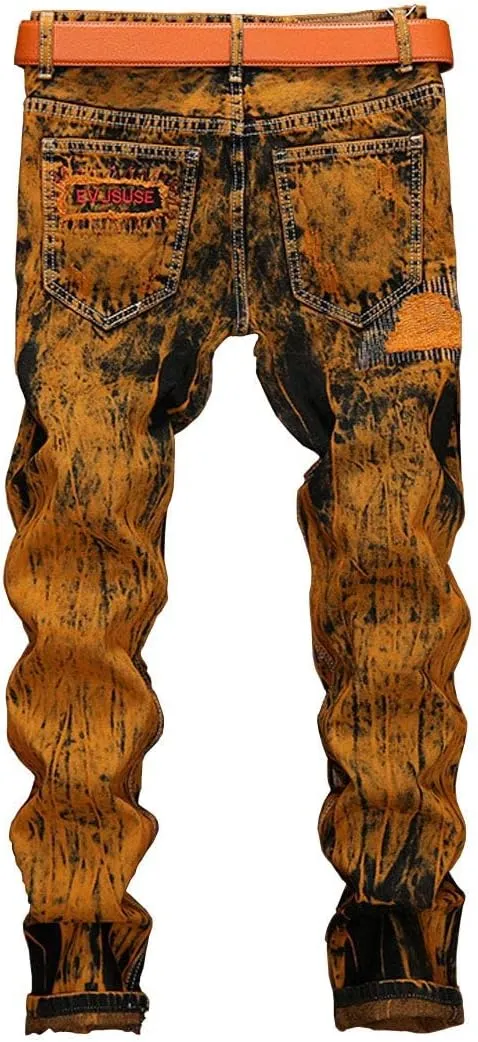 utcoco Men's Slim Fit Mid Waist Straight Leg Ripped Distressed Holes Classic Denim Patches Jeans