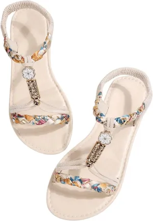 Verdusa Women's Colorful Braided Beaded Flat Sandals Open Toe Summer Beach Leather Sandals