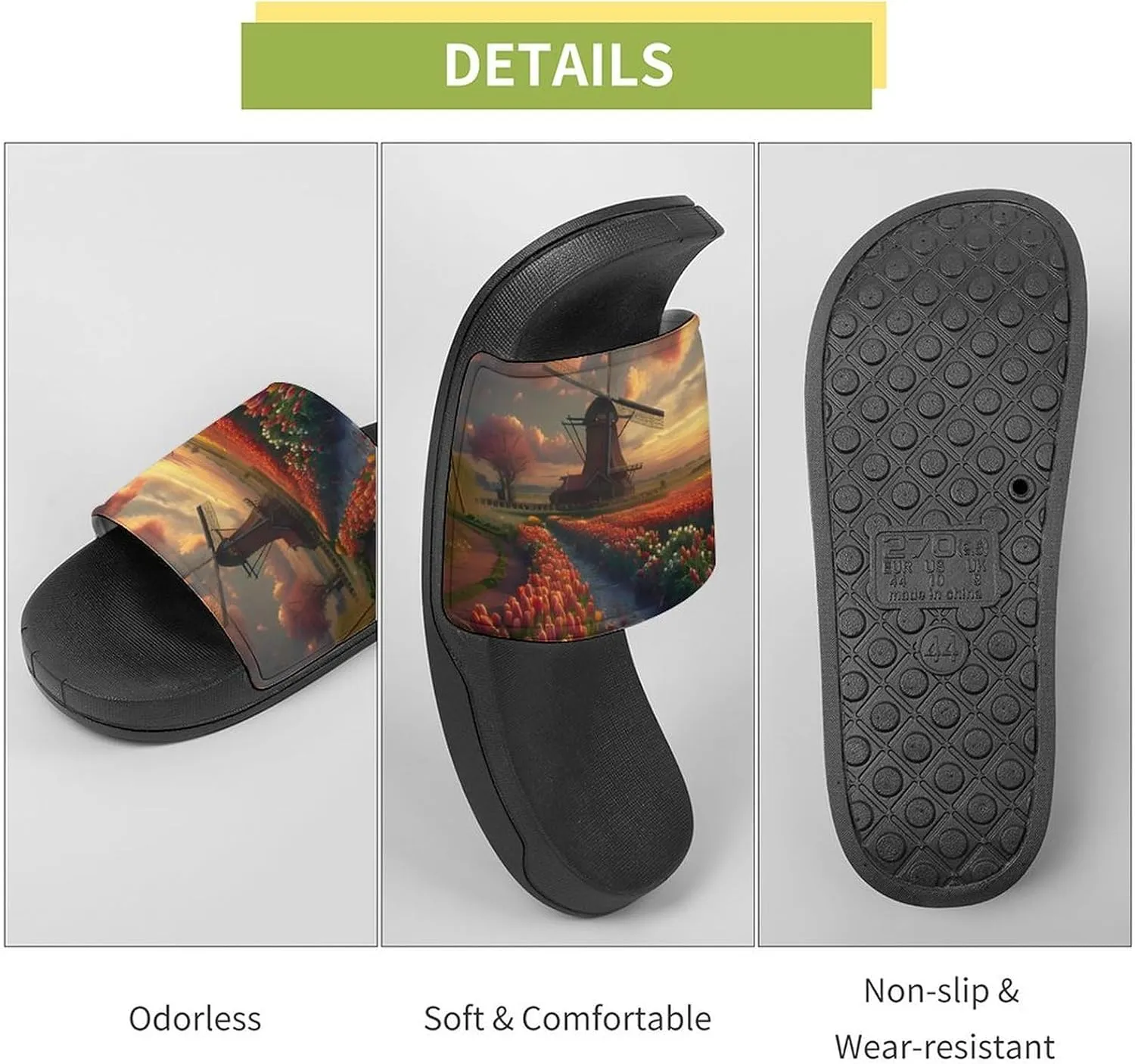 Vibrant Tulips Field with Dutch Windmills Home Slippers Non-Slip PVC Shower Slippers Open Toe Sandals for Men Women