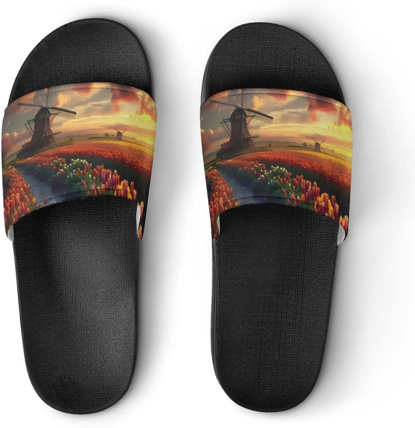 Vibrant Tulips Field with Dutch Windmills Home Slippers Non-Slip PVC Shower Slippers Open Toe Sandals for Men Women