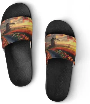 Vibrant Tulips Field with Dutch Windmills Home Slippers Non-Slip PVC Shower Slippers Open Toe Sandals for Men Women