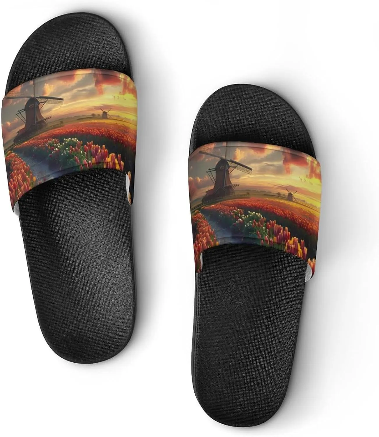 Vibrant Tulips Field with Dutch Windmills Home Slippers Non-Slip PVC Shower Slippers Open Toe Sandals for Men Women