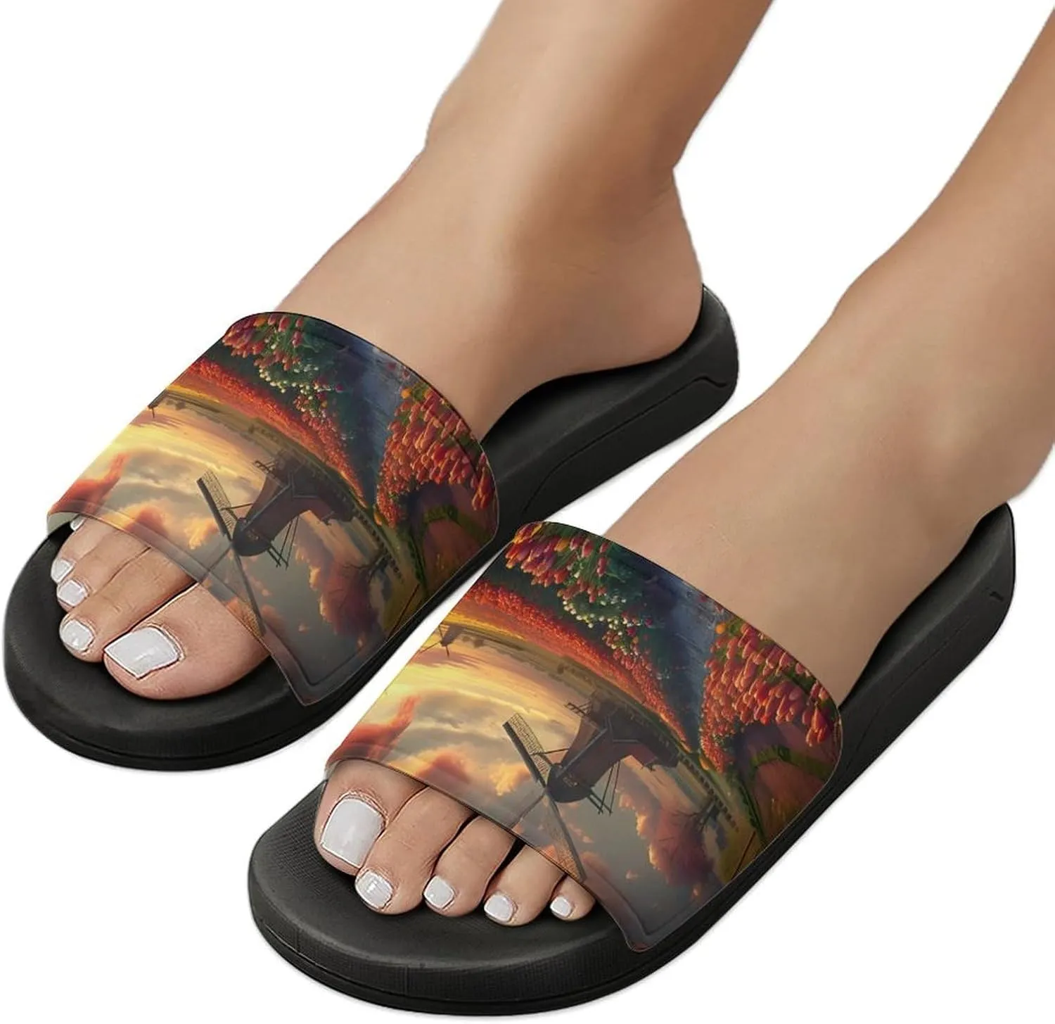 Vibrant Tulips Field with Dutch Windmills Home Slippers Non-Slip PVC Shower Slippers Open Toe Sandals for Men Women