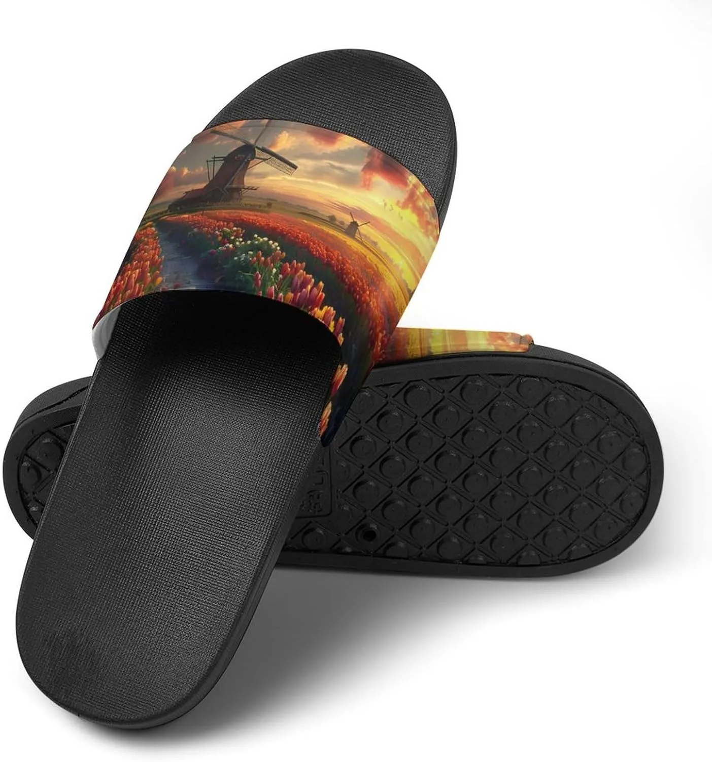 Vibrant Tulips Field with Dutch Windmills Home Slippers Non-Slip PVC Shower Slippers Open Toe Sandals for Men Women