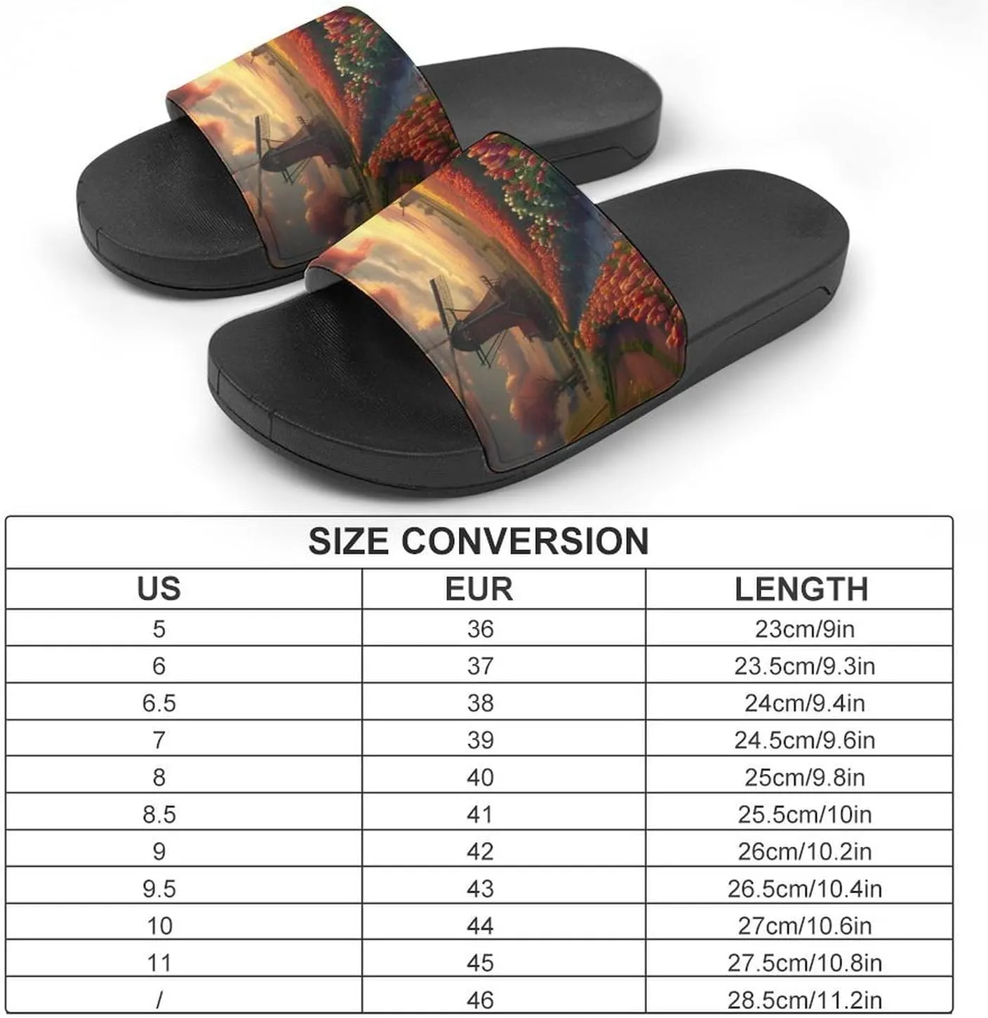 Vibrant Tulips Field with Dutch Windmills Home Slippers Non-Slip PVC Shower Slippers Open Toe Sandals for Men Women
