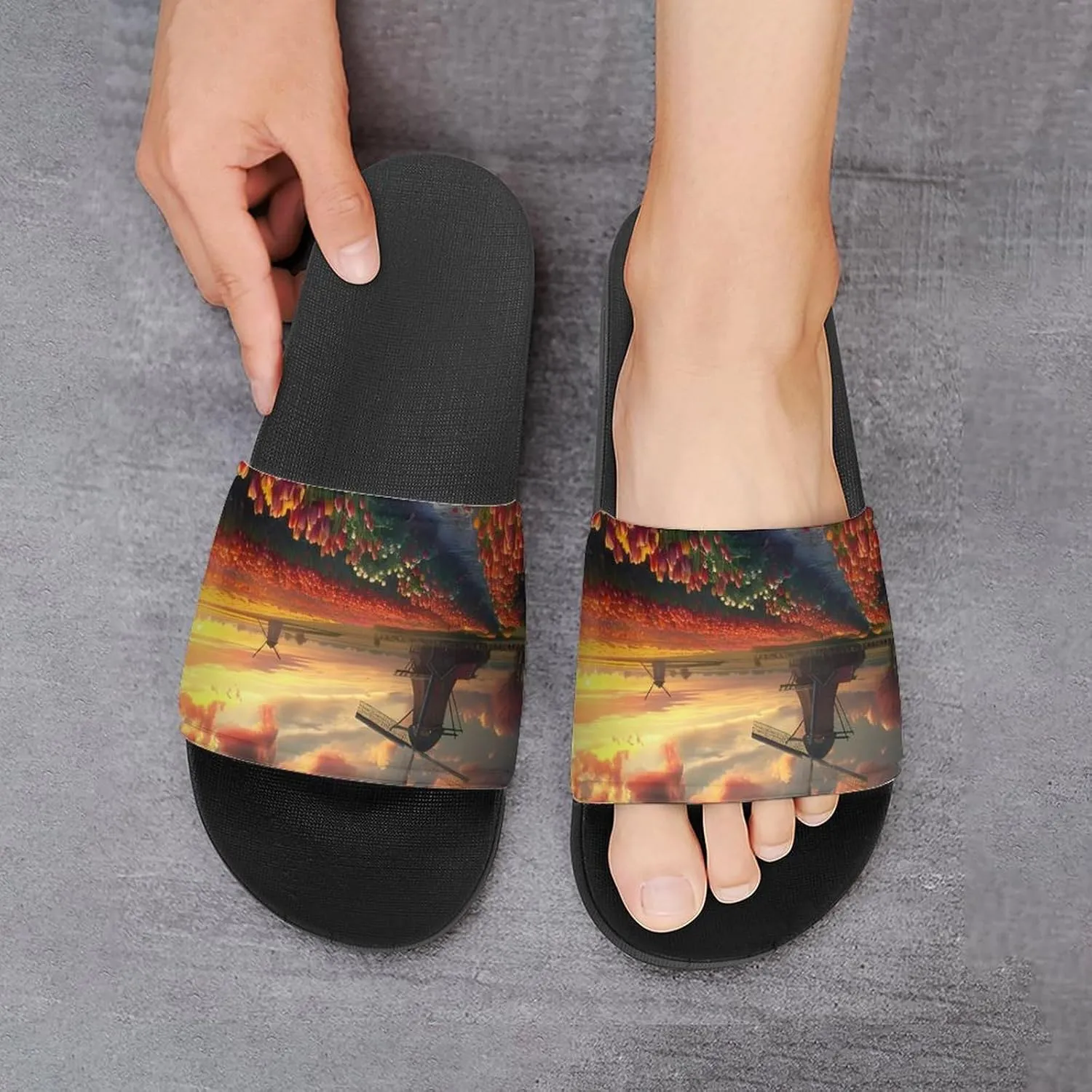 Vibrant Tulips Field with Dutch Windmills Home Slippers Non-Slip PVC Shower Slippers Open Toe Sandals for Men Women