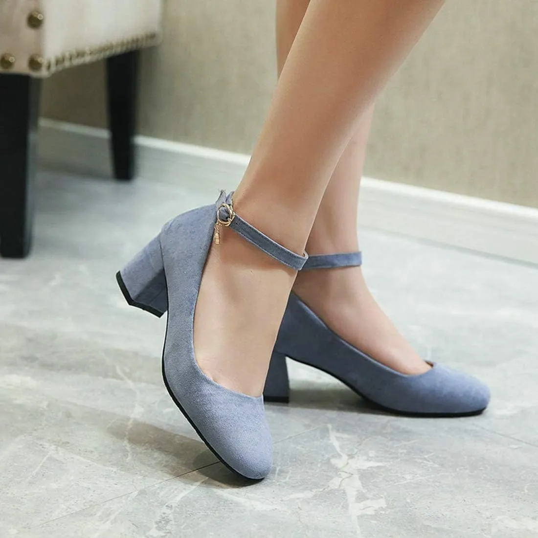 VOKLIN Women's Retro Square Toe Mary Jane Pumps Suede Ankle Strap Chunky Block Mid Heel Office Dress Shoes