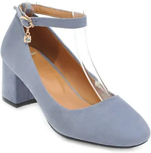 VOKLIN Women's Retro Square Toe Mary Jane Pumps Suede Ankle Strap Chunky Block Mid Heel Office Dress Shoes