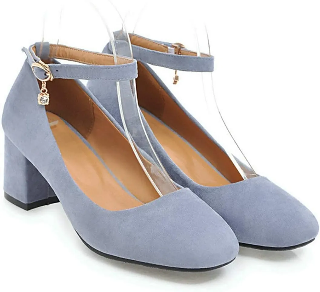 VOKLIN Women's Retro Square Toe Mary Jane Pumps Suede Ankle Strap Chunky Block Mid Heel Office Dress Shoes