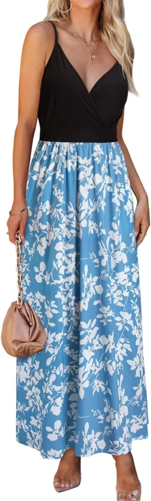 VOTEPRETTY Womens V Neck Wrap Spaghetti Strap Summer Casual Beach Floral Pockets Maxi Dress