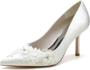 Wedding Shoes for Bride Satin with Embroidery Lace Flower Heel Pumps Sandal Pointed Toe Slip-on Dressy Shoes