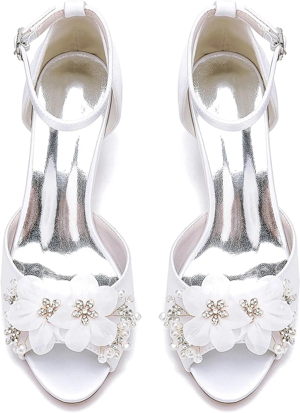 Wedding Shoes for Bridesmaids Satin Rhinestones Sandals Pumps Heels with lace Flowers Fish Mouth Buckle Strap Chunky Bridal Shoes