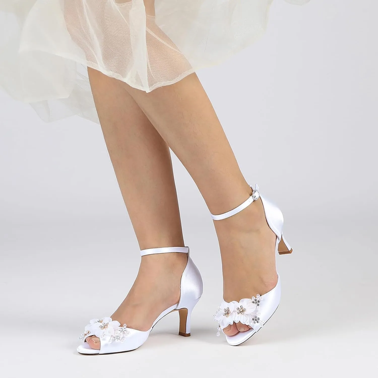 Wedding Shoes for Bridesmaids Satin Rhinestones Sandals Pumps Heels with lace Flowers Fish Mouth Buckle Strap Chunky Bridal Shoes