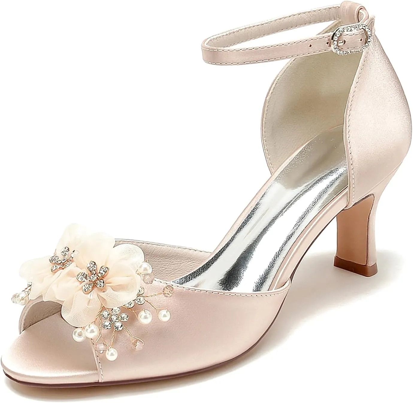 Wedding Shoes for Bridesmaids Satin Rhinestones Sandals Pumps Heels with lace Flowers Fish Mouth Buckle Strap Chunky Bridal Shoes