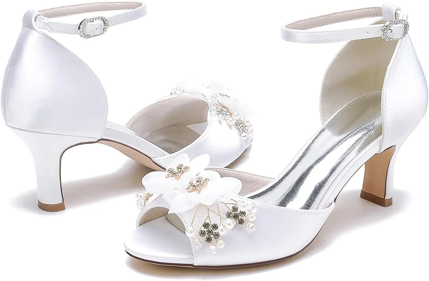 Wedding Shoes for Bridesmaids Satin Rhinestones Sandals Pumps Heels with lace Flowers Fish Mouth Buckle Strap Chunky Bridal Shoes
