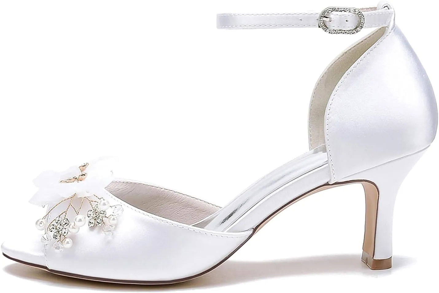 Wedding Shoes for Bridesmaids Satin Rhinestones Sandals Pumps Heels with lace Flowers Fish Mouth Buckle Strap Chunky Bridal Shoes