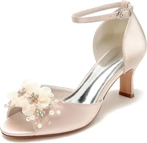 Wedding Shoes for Bridesmaids Satin Rhinestones Sandals Pumps Heels with lace Flowers Fish Mouth Buckle Strap Chunky Bridal Shoes