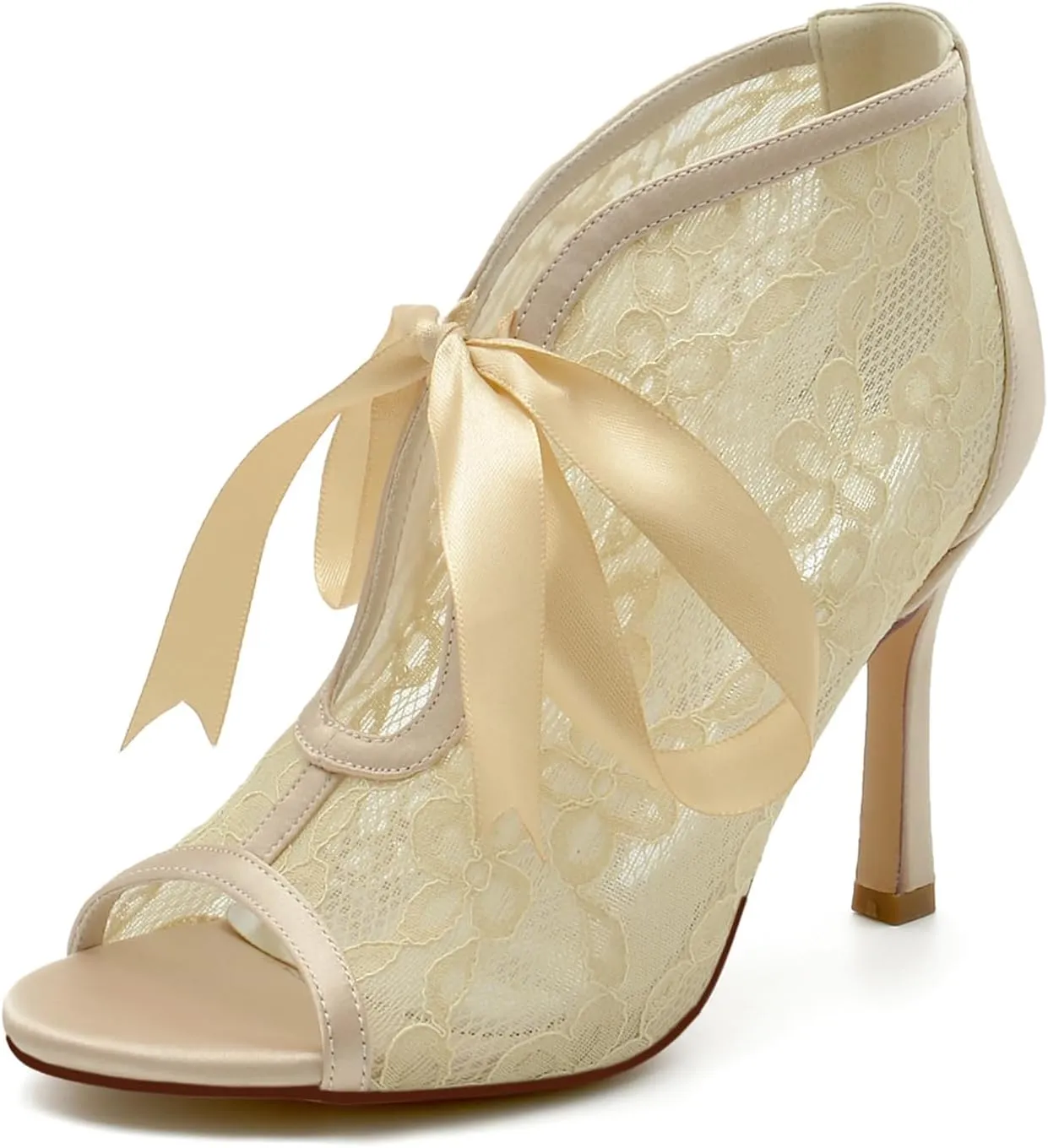 Wedding Shoes for Women Lace Satin Tie Strap Heels Bridal Shoes Peep Toe Bridesmaid Stiletto High Heel Pumps