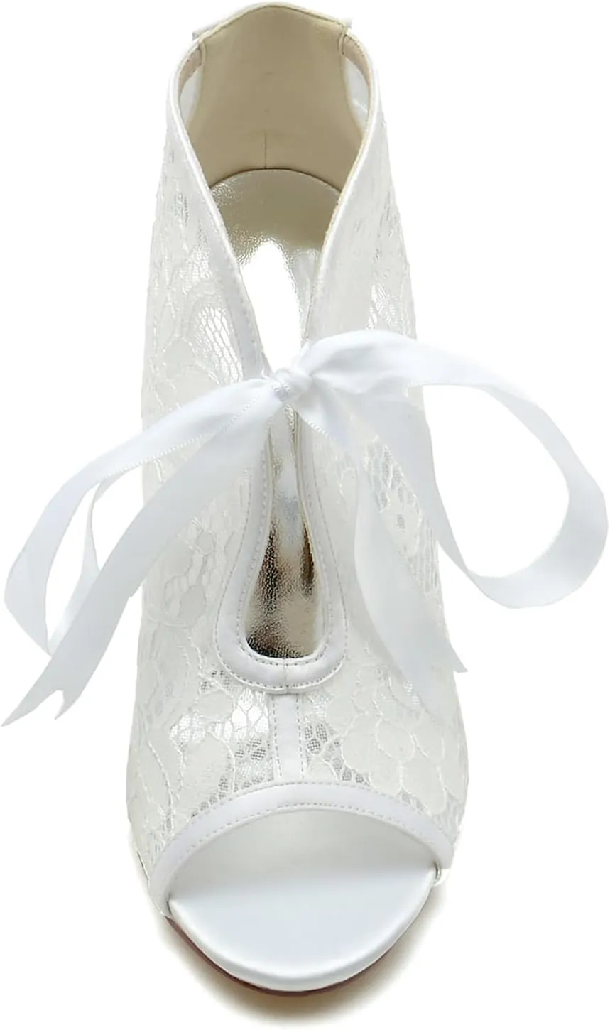 Wedding Shoes for Women Lace Satin Tie Strap Heels Bridal Shoes Peep Toe Bridesmaid Stiletto High Heel Pumps