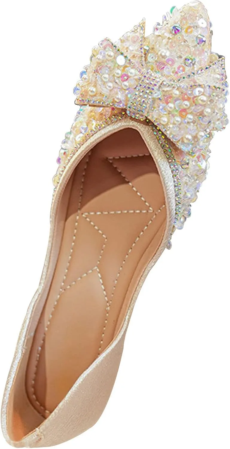 WENJIAZHIZHI Womens Glittery Pointed Toe Ballet Flats Sequins Pearls Wedding Party Dressy Shoes Casual Slip On Flats