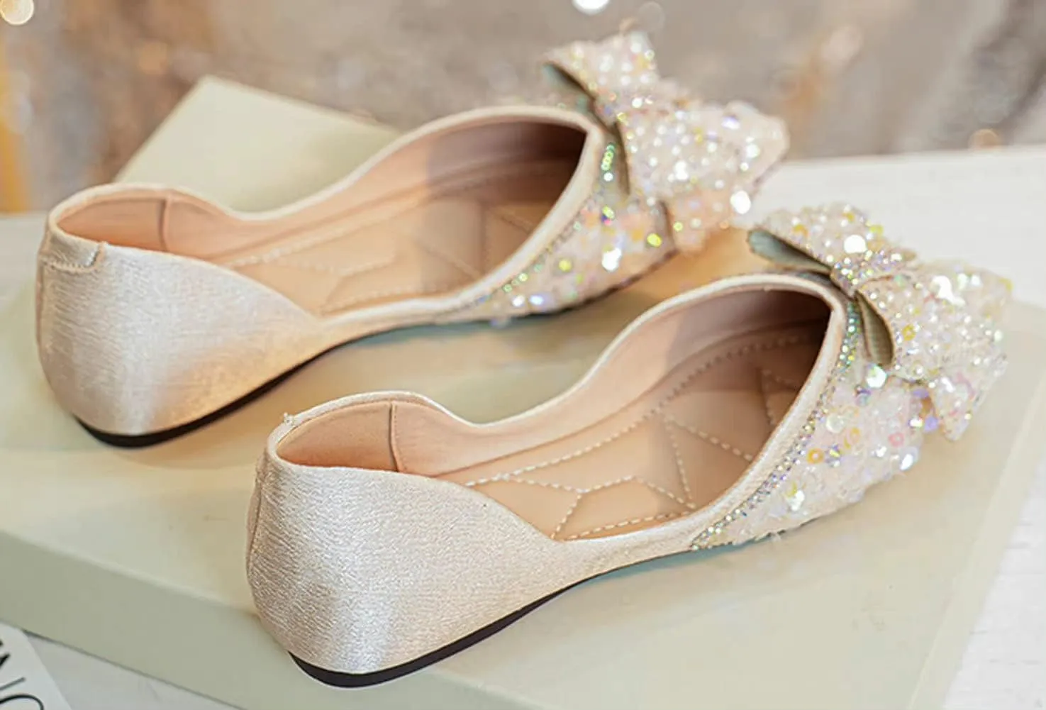 WENJIAZHIZHI Womens Glittery Pointed Toe Ballet Flats Sequins Pearls Wedding Party Dressy Shoes Casual Slip On Flats