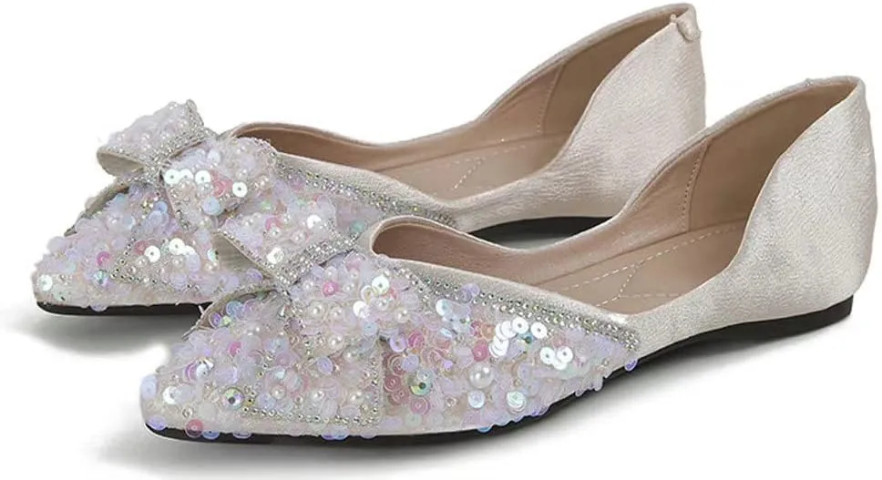 WENJIAZHIZHI Womens Glittery Pointed Toe Ballet Flats Sequins Pearls Wedding Party Dressy Shoes Casual Slip On Flats