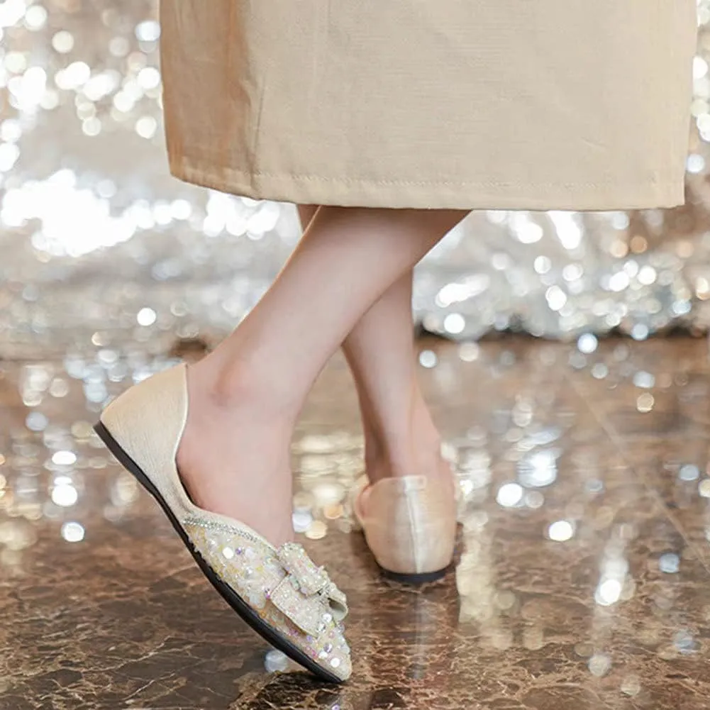 WENJIAZHIZHI Womens Glittery Pointed Toe Ballet Flats Sequins Pearls Wedding Party Dressy Shoes Casual Slip On Flats