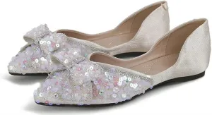 WENJIAZHIZHI Womens Glittery Pointed Toe Ballet Flats Sequins Pearls Wedding Party Dressy Shoes Casual Slip On Flats