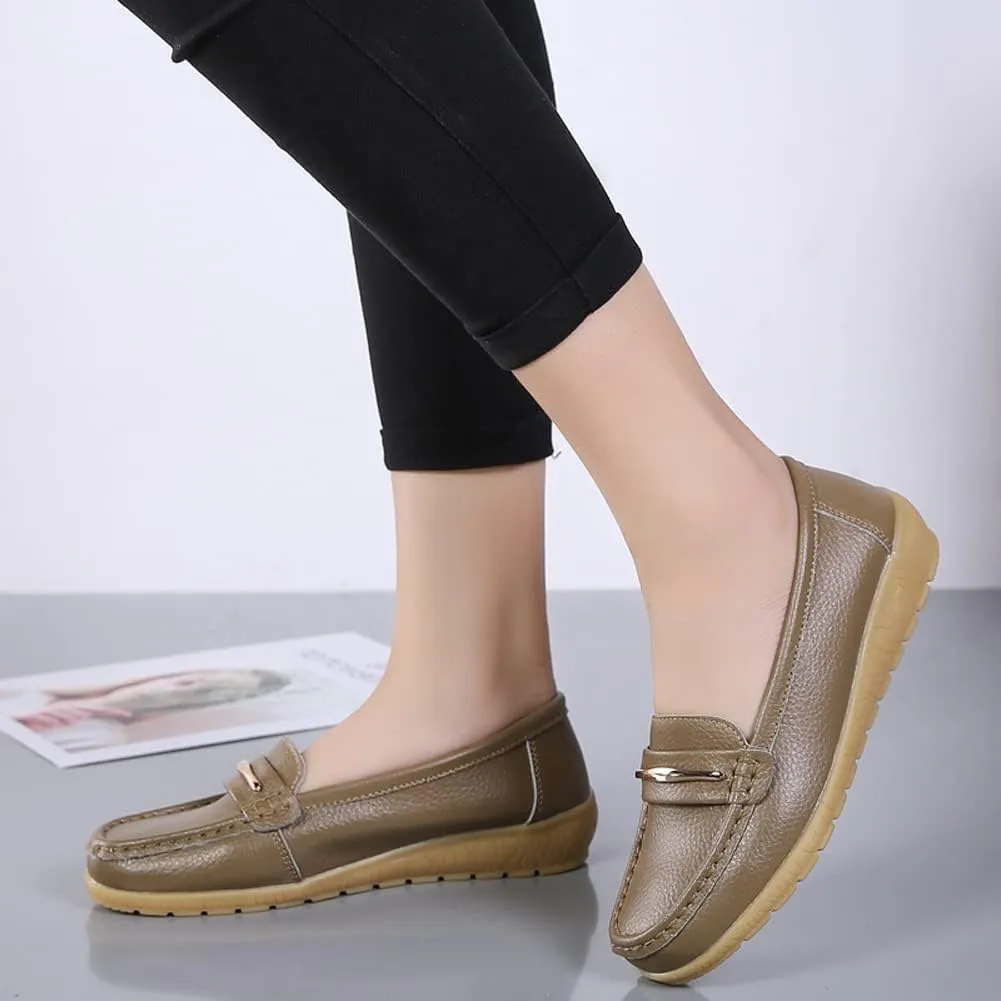 WERWAES Casual Penny Loafers for Women Moccasins Comfort Leather Mental Chain Classic Slip on Flats Breathable Walking Office Outdoor Womens Loafers