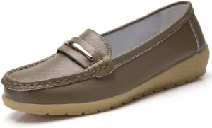 WERWAES Casual Penny Loafers for Women Moccasins Comfort Leather Mental Chain Classic Slip on Flats Breathable Walking Office Outdoor Womens Loafers